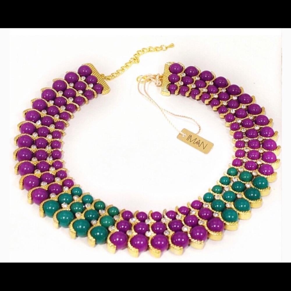 IMAN polished purple and blue green bib necklace.